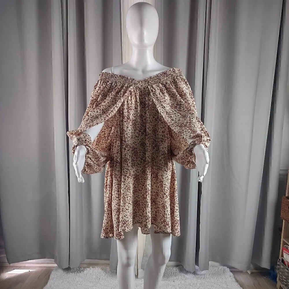 Jodifl Leopard Print Off Shoulder Smocked Balloon Sleeve Mini Dress Boho Size M - Picture 4 of 15